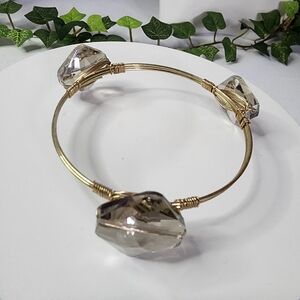 Boho Gold Tone Smokey Glass Oval Wire Wrap Bangle Bracelet